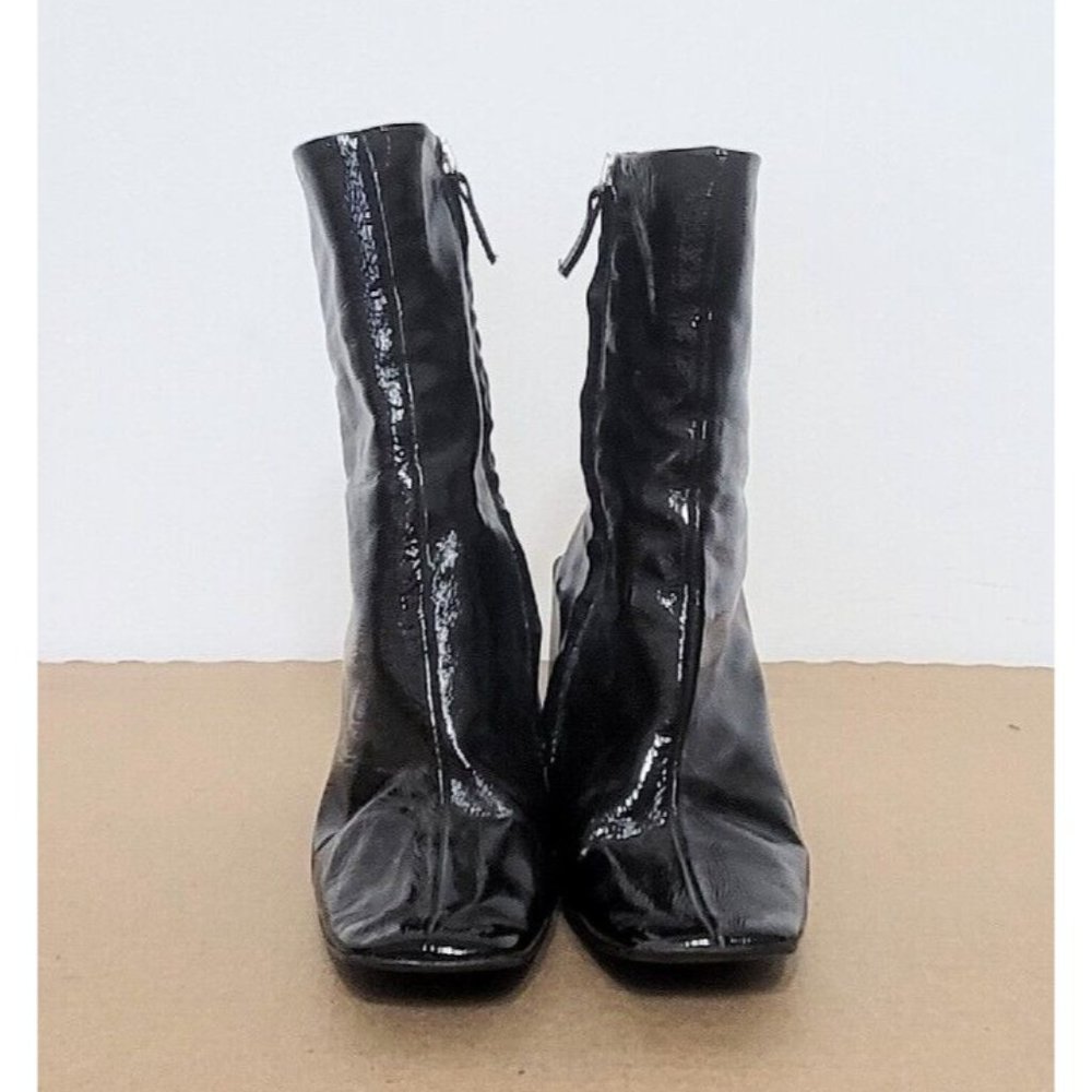 Topshop Black Patent Leather Boots Womens Size 38 Chunky Block Heel Retro - Picture 2 of 14